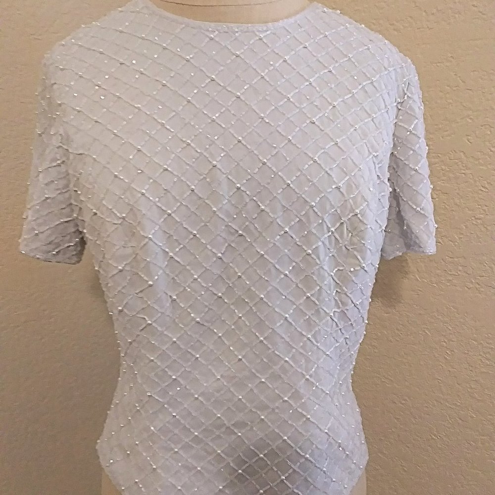 90s Vintage Oleg Cassini silk pearl beaded sequin top